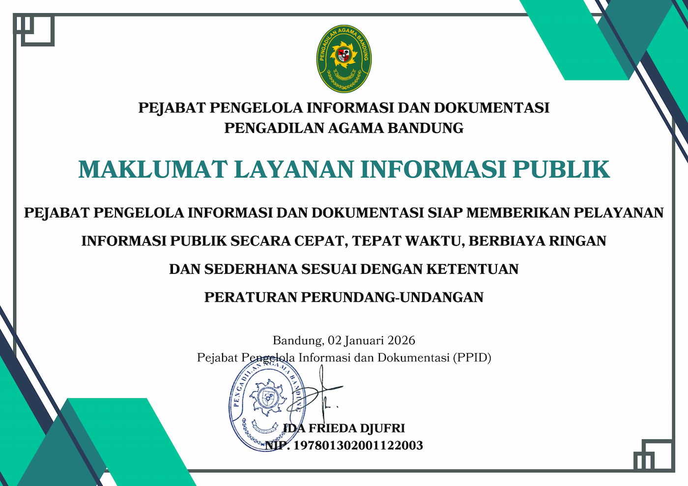 Maklumat Pelayanan PPID Pengadilan Agama Bandung